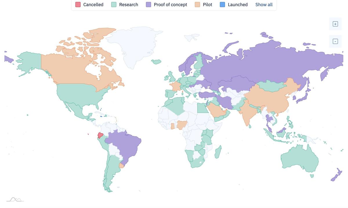 Карта распространения цифровых валют по миру. Фото:  Central Bank Digital Currency